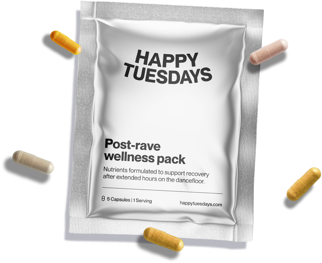 Happy Tuesdays post-rave wellness packs help your recover after extended hours on the dancefloor. Come down to Happy Tuesdays.co for an all-in-one supplement that supports mind and body recovery after a festival or rave recovery with high quality vitamins and nutrients.