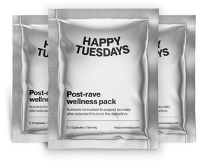 Happy Tuesdays post-rave wellness packs help your recover after extended hours on the dancefloor. Come down to Happy Tuesdays.co for an all-in-one supplement that supports mind and body recovery after a festival or rave recovery with high quality vitamins and nutrients.
